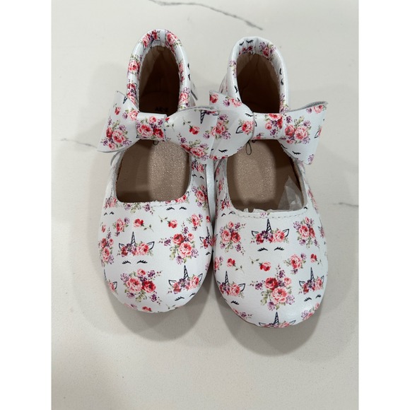 Monkey Feet White Floral Unicorn Bow Baby Girl Shoes 2-3 Years - Picture 1 of 3